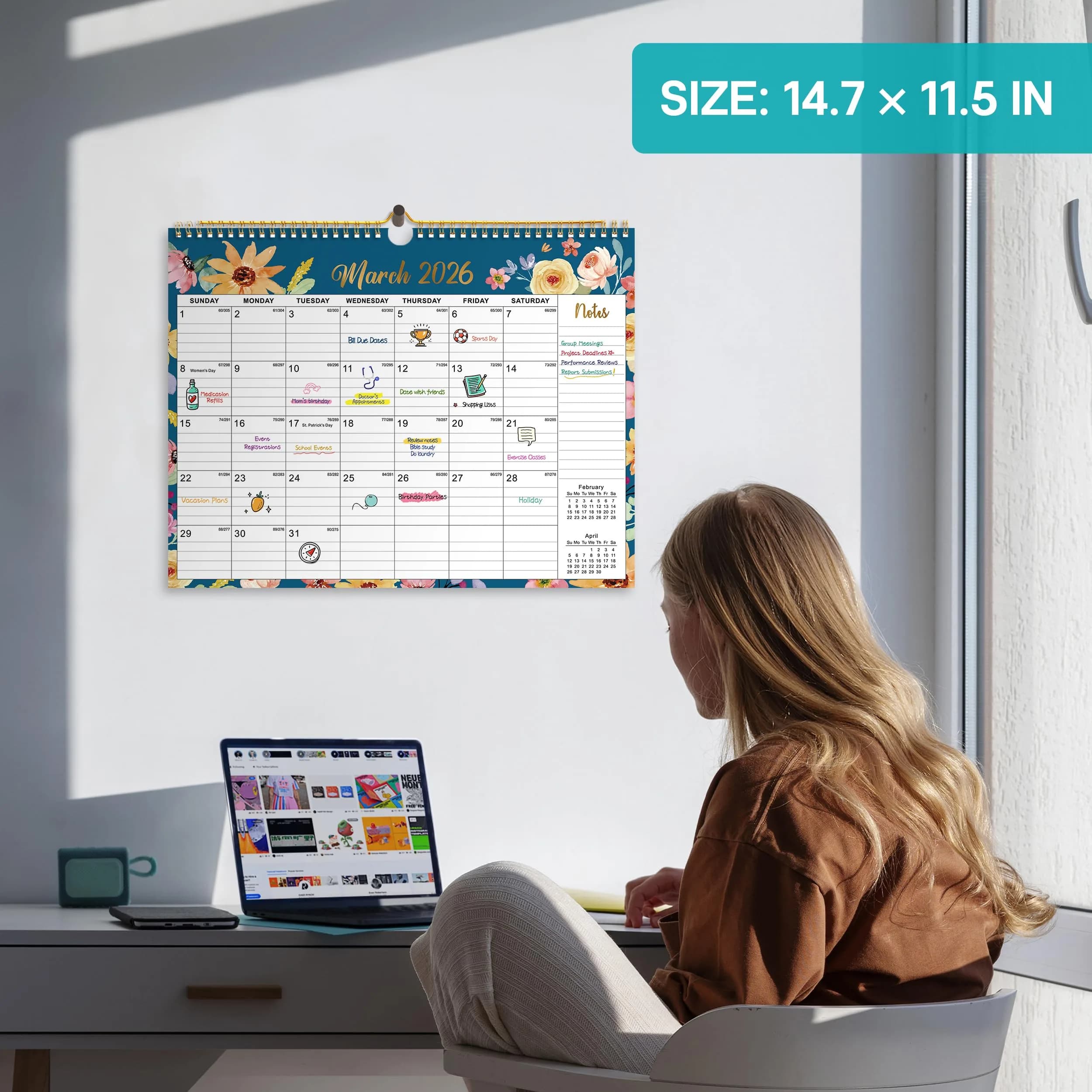 Taja Floral Wall Calendar 2026-2027 (11.5" x 14.7") - Old Floral Design | Extended to June 2027 - view 4