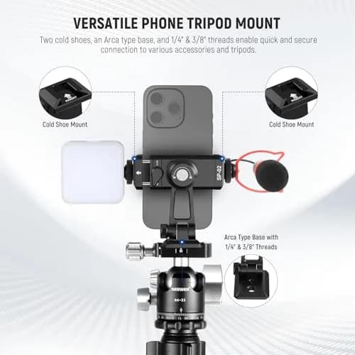 NEEWER SP-02 Phone Tripod Mount Adapter with Arca Type Plate 66-96mm | 360° Rotation, 180° Tilt, Aluminum, Black thumbnail 2