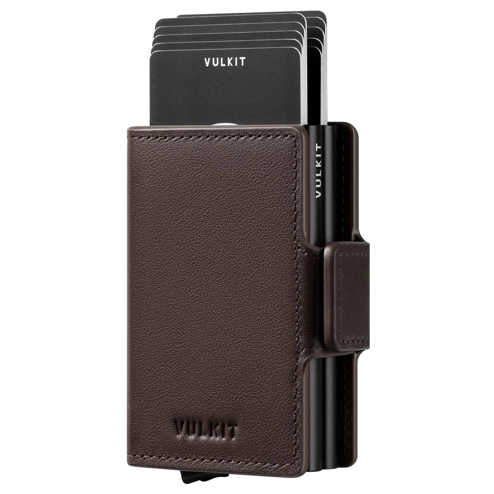 VULKIT Genuine Leather Nappa Espresso Automatic Pop Up Double Card Holder RFID Blocking Wallet - main product image