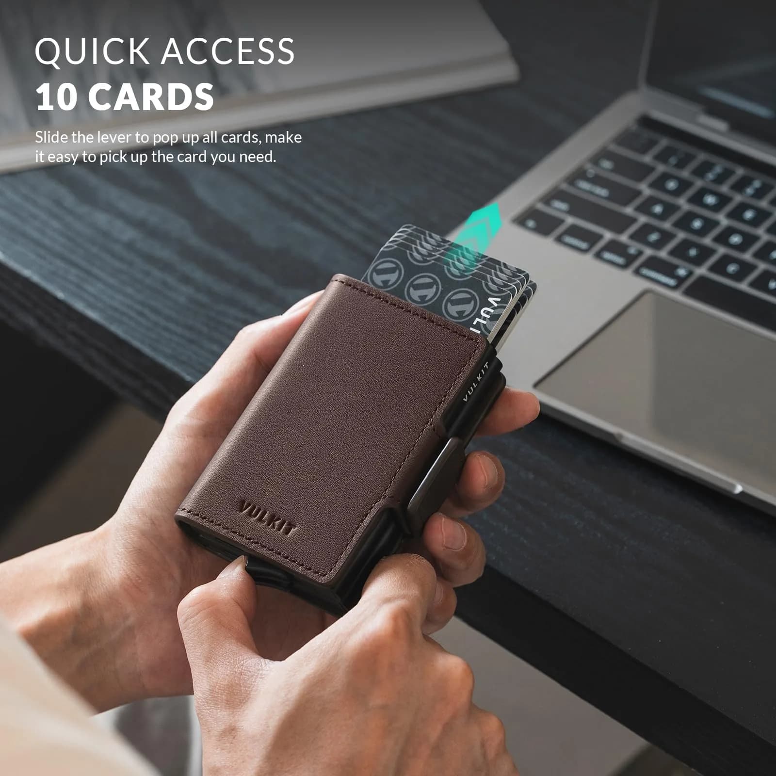 VULKIT Genuine Leather Nappa Espresso Automatic Pop Up Double Card Holder RFID Blocking Wallet - view 2