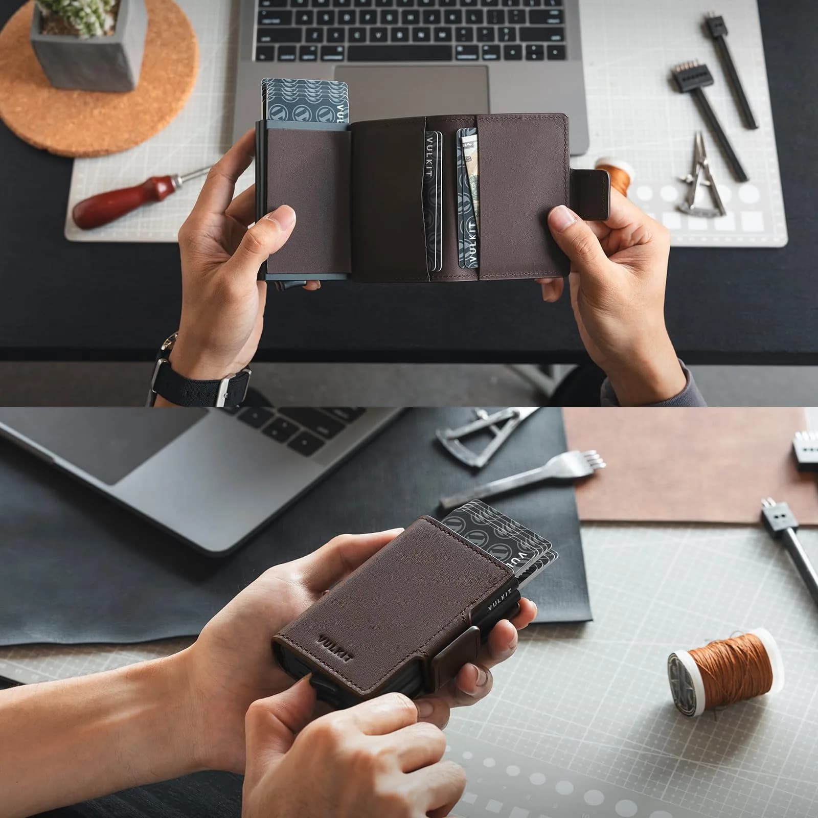 VULKIT Genuine Leather Nappa Espresso Automatic Pop Up Double Card Holder RFID Blocking Wallet - view 4