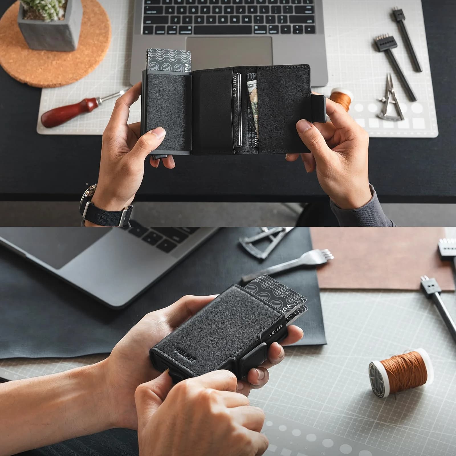 VULKIT Genuine Leather Nappa Black Automatic Pop Up Double Card Holder RFID Blocking Wallet - view 4
