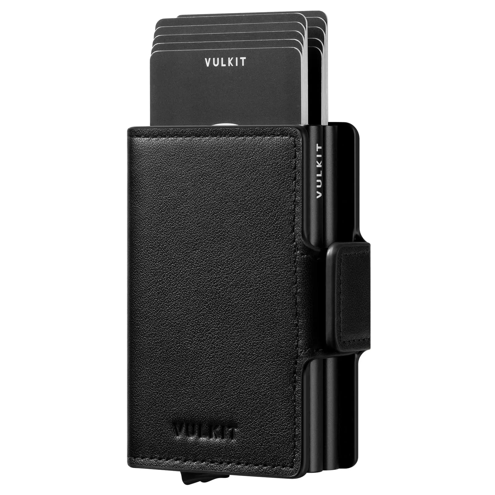 VULKIT Genuine Leather Nappa Black Automatic Pop Up Double Card Holder RFID Blocking Wallet - main product image