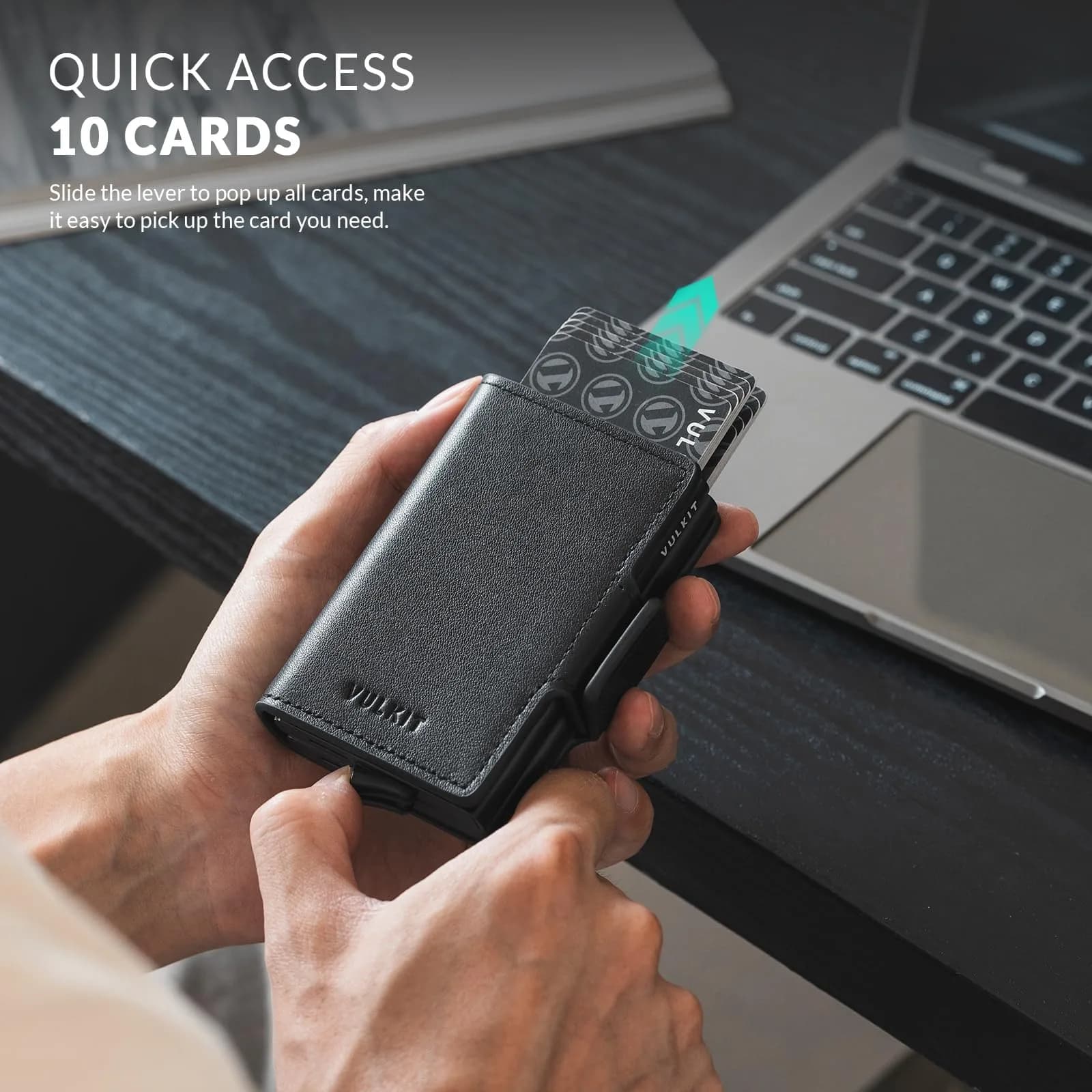 VULKIT Genuine Leather Nappa Black Automatic Pop Up Double Card Holder RFID Blocking Wallet - view 2