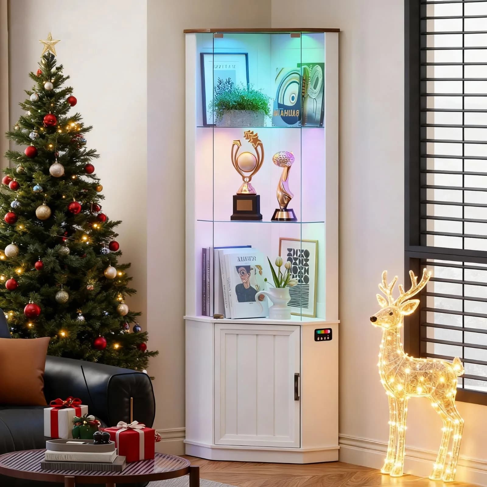 HNEBC 69"H Corner Display Cabinet with Glass Door & RGB Sensor Lights | Modern Engineered Wood, 25"W x 18"D x 69"H, White — White-69h-rgb