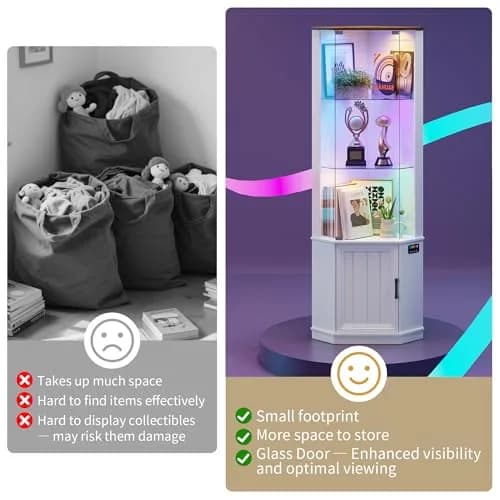 HNEBC 69"H Corner Display Cabinet with Glass Door & RGB Sensor Lights | Modern Engineered Wood, 25"W x 18"D x 69"H, White thumbnail 5