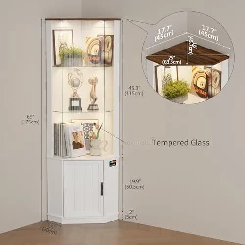 HNEBC 69"H Corner Display Cabinet with Glass Door & RGB Sensor Lights | Modern Engineered Wood, 25"W x 18"D x 69"H, White thumbnail 6