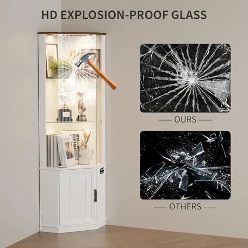 HNEBC 69"H Corner Display Cabinet with Glass Door & RGB Sensor Lights | Modern Engineered Wood, 25"W x 18"D x 69"H, White thumbnail 7