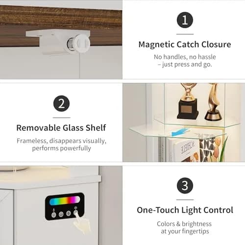 HNEBC 69"H Corner Display Cabinet with Glass Door & RGB Sensor Lights | Modern Engineered Wood, 25"W x 18"D x 69"H, White thumbnail 8