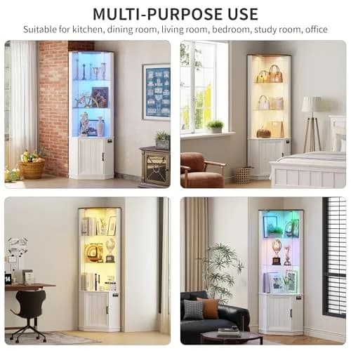 HNEBC 69"H Corner Display Cabinet with Glass Door & RGB Sensor Lights | Modern Engineered Wood, 25"W x 18"D x 69"H, White thumbnail 9