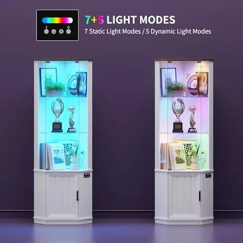 HNEBC 69"H Corner Display Cabinet with Glass Door & RGB Sensor Lights | Modern Engineered Wood, 25"W x 18"D x 69"H, White thumbnail 2