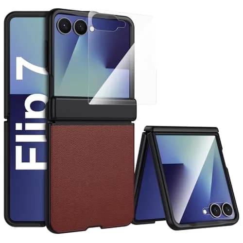 Spoovcto Leather Case for Samsung Galaxy Z Flip 7 | TPU Shockproof | Magnetic Hinge Protection | Brown (1 Case) thumbnail 1