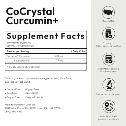 BIGVITA CoCrystal Curcumin+ 60 Capsules | 60x Absorption with Curcumin & L-Carnitine | Dietary Supplement for Daily Wellness | Made in USA thumbnail 7