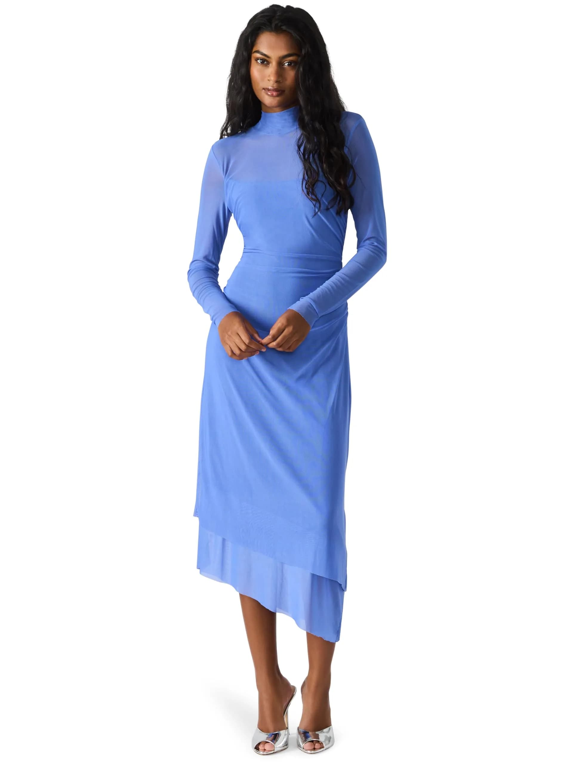 Steve Madden Blare Dress Mid Waist Long Sleeve Pastel Multi | Printed Mesh Casual Midi Dress — Cobalt
