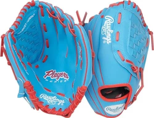 Rawlings Player's Series Youth Baseball Glove 10.5" | Right Hand Throw | Columbia Blue/Scarlet thumbnail 1