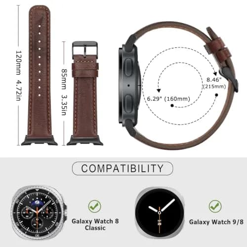 Tasikar Leather Watch Band Compatible with Samsung Galaxy Watch 9 8 40mm 44mm/8 Classic 46mm | Genuine Leather Strap, Dark Brown thumbnail 5
