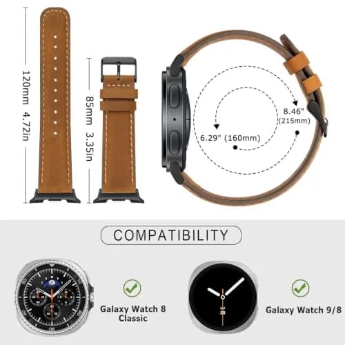Tasikar Leather Band Compatible with Samsung Galaxy Watch 9 8 40mm 44mm/8 Classic 46mm, Brown | Genuine Leather Strap with Black Stainless Steel Clasp thumbnail 5