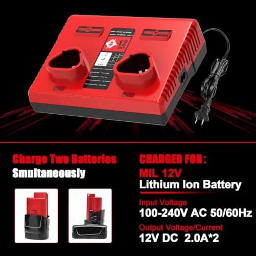 Ahomtikk Dual Port 12V Battery Charger 2A Output | Charges Two Mil-Waukee Batteries Simultaneously thumbnail 2