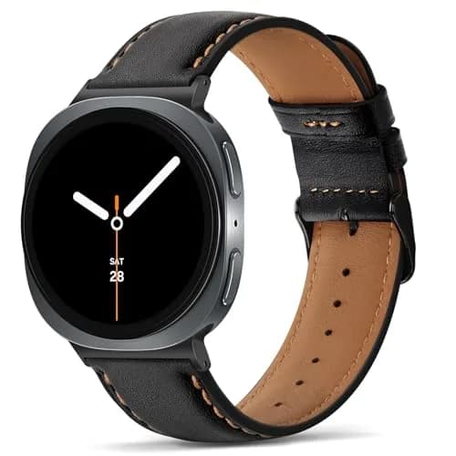 Tasikar Leather Watch Band Compatible with Samsung Galaxy Watch 9 8 40mm 44mm/8 Classic 46mm, Black | Genuine Leather Strap with Polished Black Stainless Steel Clasp thumbnail 1