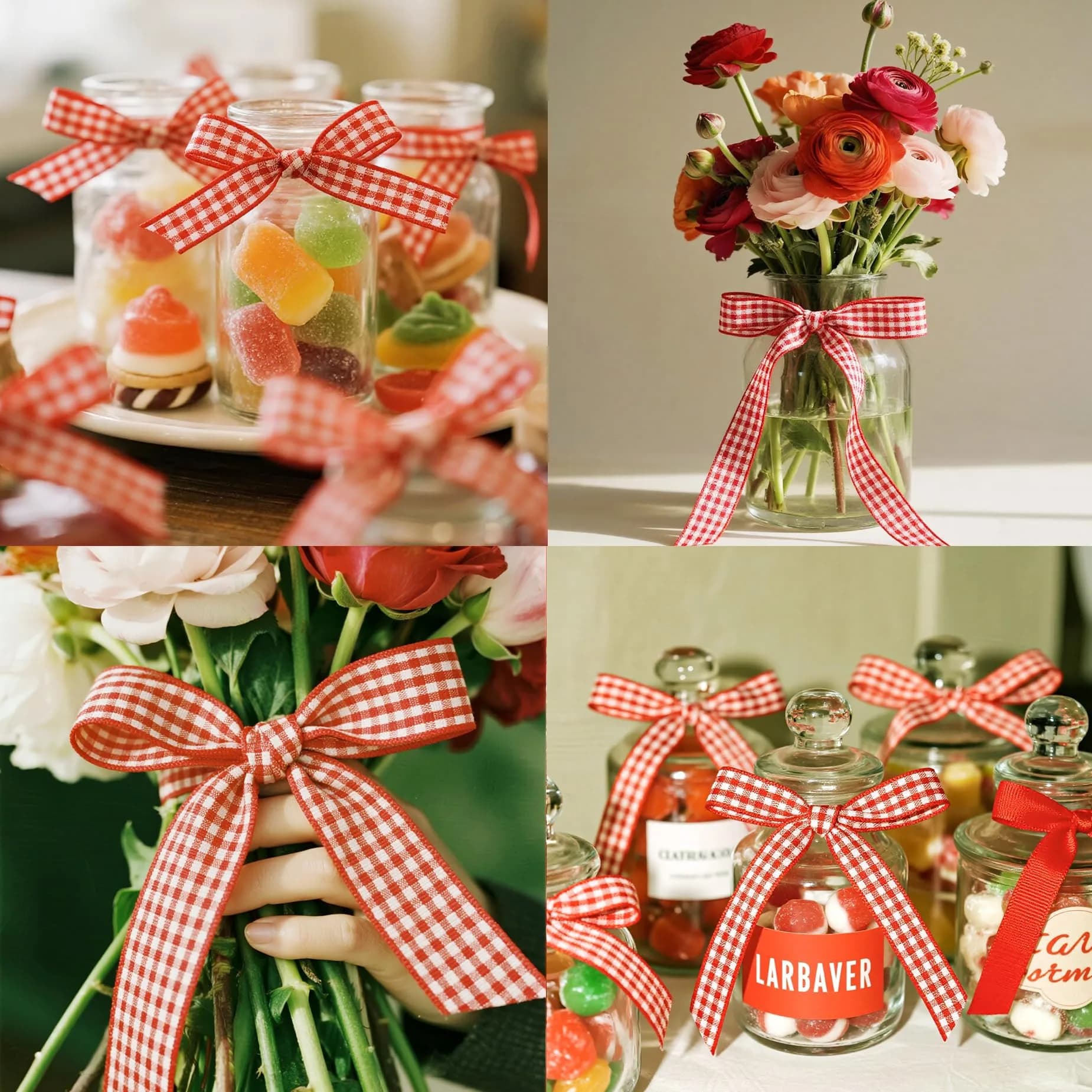 QingHan Red and White Gingham Ribbon 1.59 cm (5/8 Inch) 22.86 m (25 Yards) | Classic Pattern for Crafts & Gift Wrapping - view 6