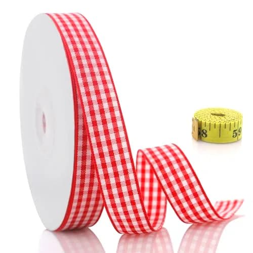 QingHan Red and White Gingham Ribbon 1.59 cm (5/8 Inch) 22.86 m (25 Yards) | Classic Pattern for Crafts & Gift Wrapping thumbnail 1