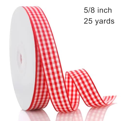 QingHan Red and White Gingham Ribbon 1.59 cm (5/8 Inch) 22.86 m (25 Yards) | Classic Pattern for Crafts & Gift Wrapping thumbnail 2