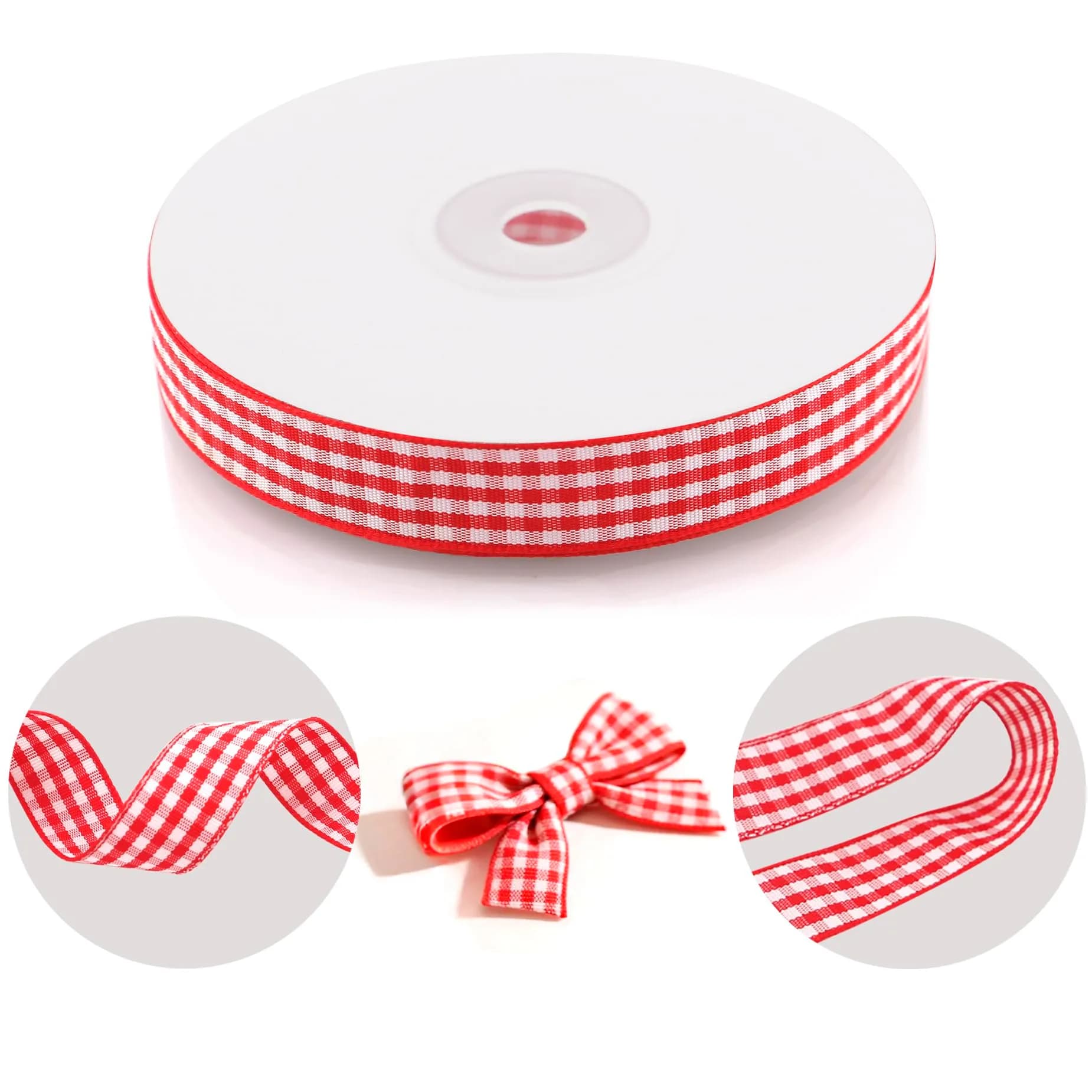 QingHan Red and White Gingham Ribbon 1.59 cm (5/8 Inch) 22.86 m (25 Yards) | Classic Pattern for Crafts & Gift Wrapping - view 3