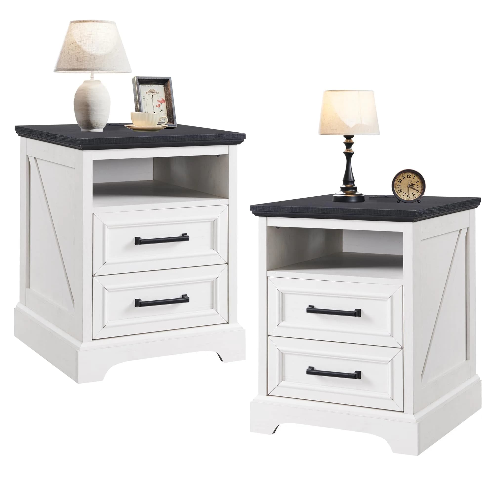 ACCOHOHO 18" Farmhouse Nightstand Set of 2 | Antique White with Charging Station, 18"L x 18"D x 24"H