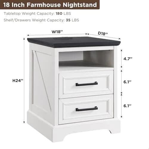 ACCOHOHO 18" Farmhouse Nightstand Set of 2 | Antique White with Charging Station, 18"L x 18"D x 24"H thumbnail 3