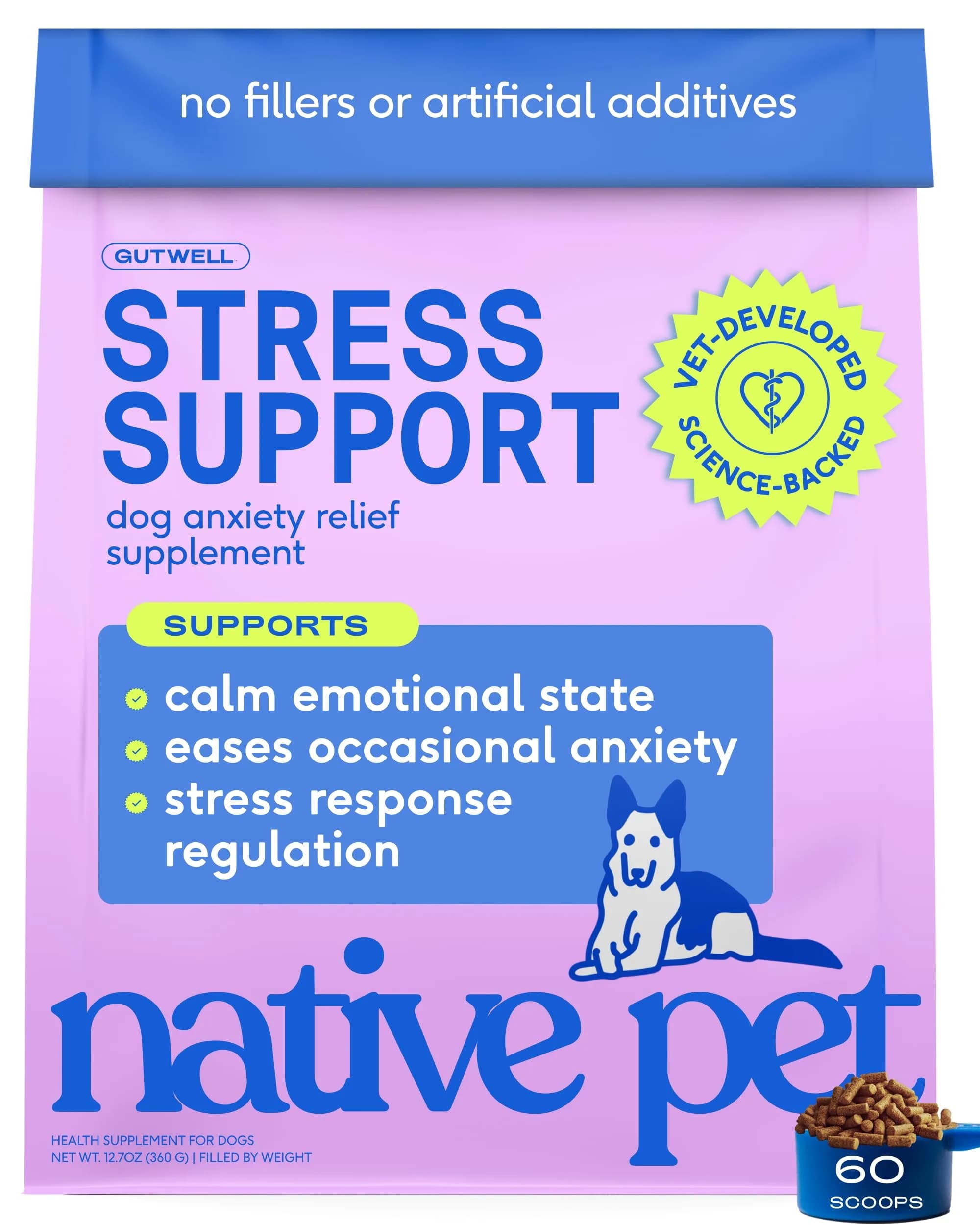 Native Pet GutWell Stress Support Dog Anxiety Relief Supplement 60 Scoops | Vet-Formulated Triple-Biotic & Magnesium Powder - main product image