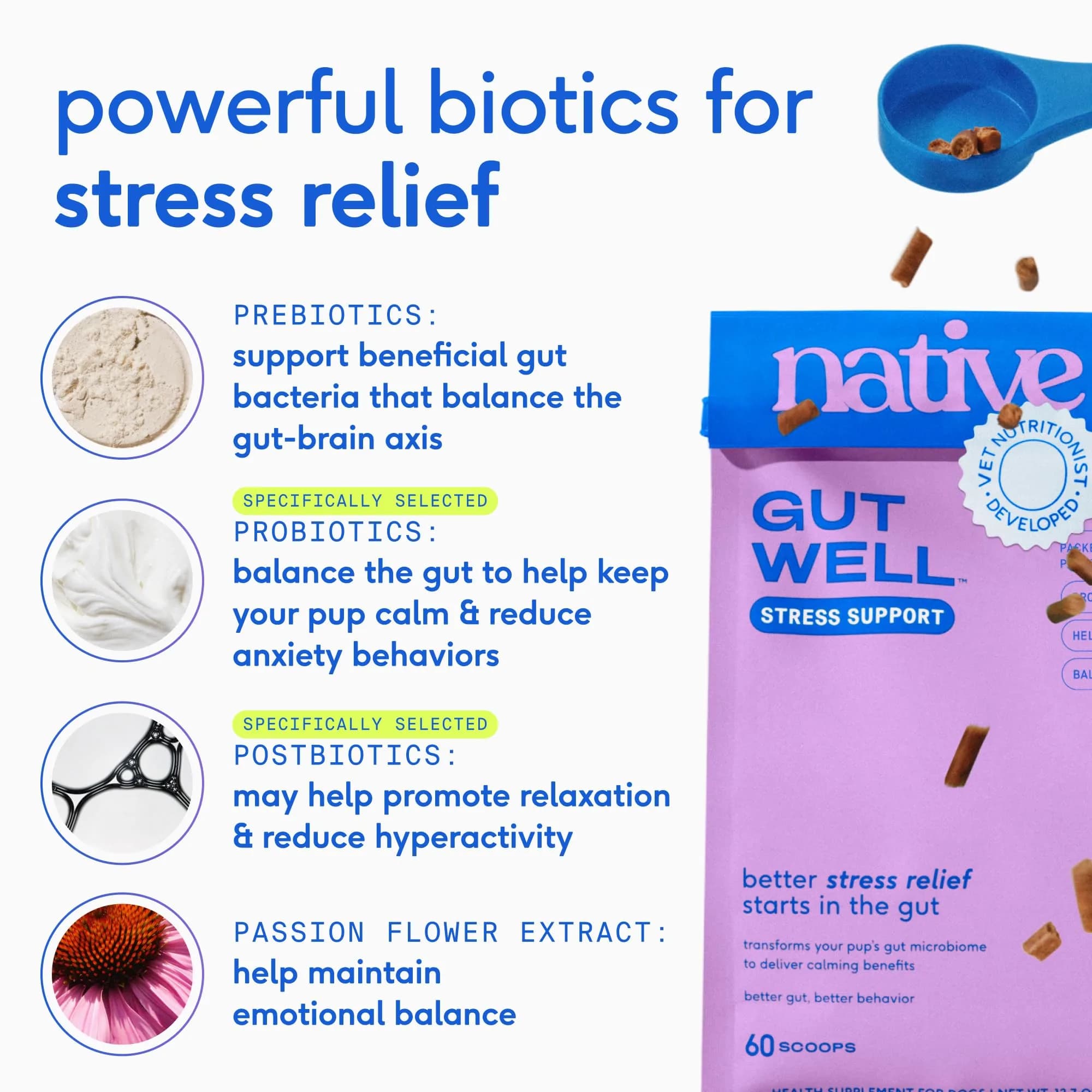 Native Pet GutWell Stress Support Dog Anxiety Relief Supplement 60 Scoops | Vet-Formulated Triple-Biotic & Magnesium Powder - view 3