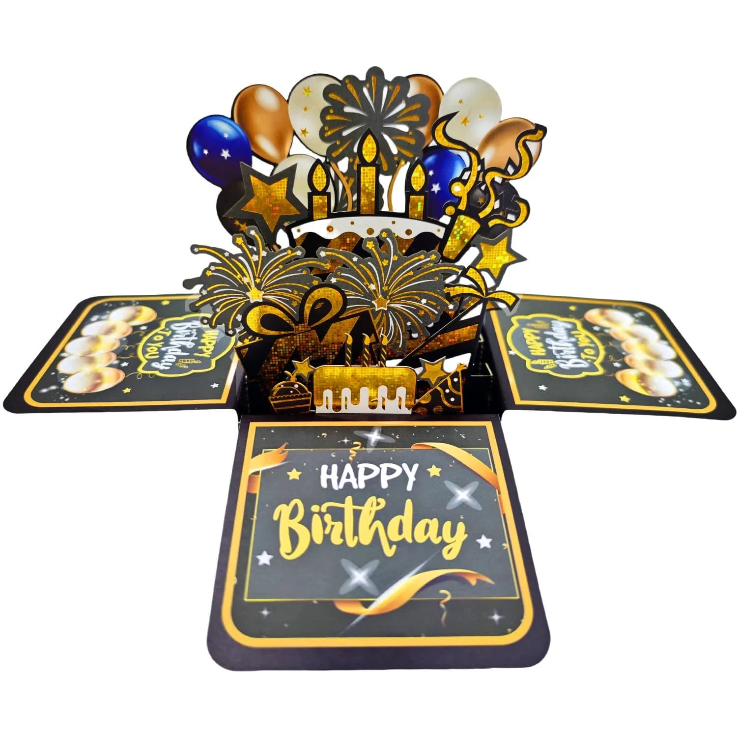 Akeydeco Black Gold Birthday Card 3D Pop Up with LED Light & Music | Handmade Musical Cake Design - main product image
