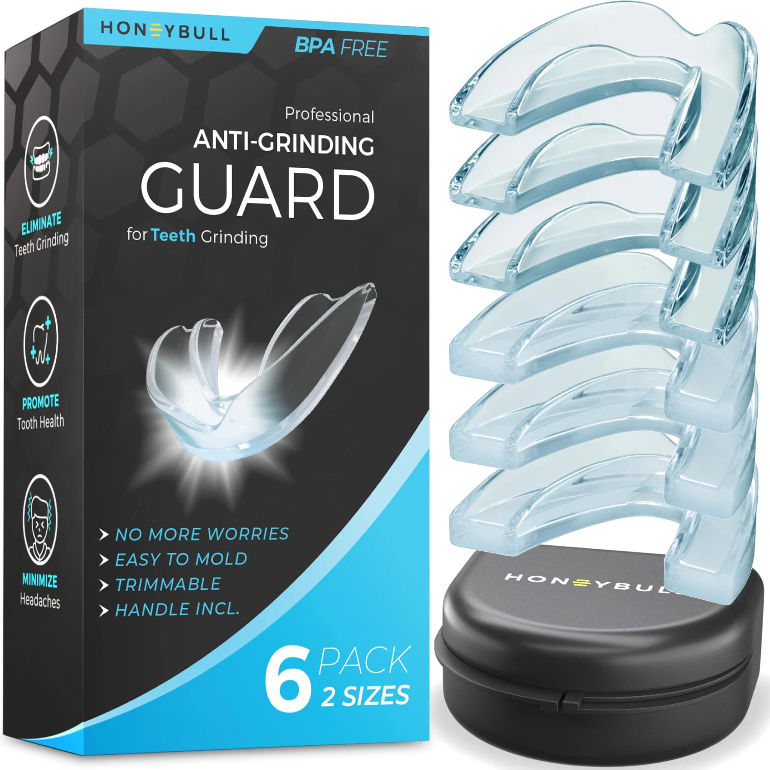 HONEYBULL Custom Moldable Night Guards 6 Pack (Thin & Thick) | Boil and Bite for Teeth Grinding - main product image