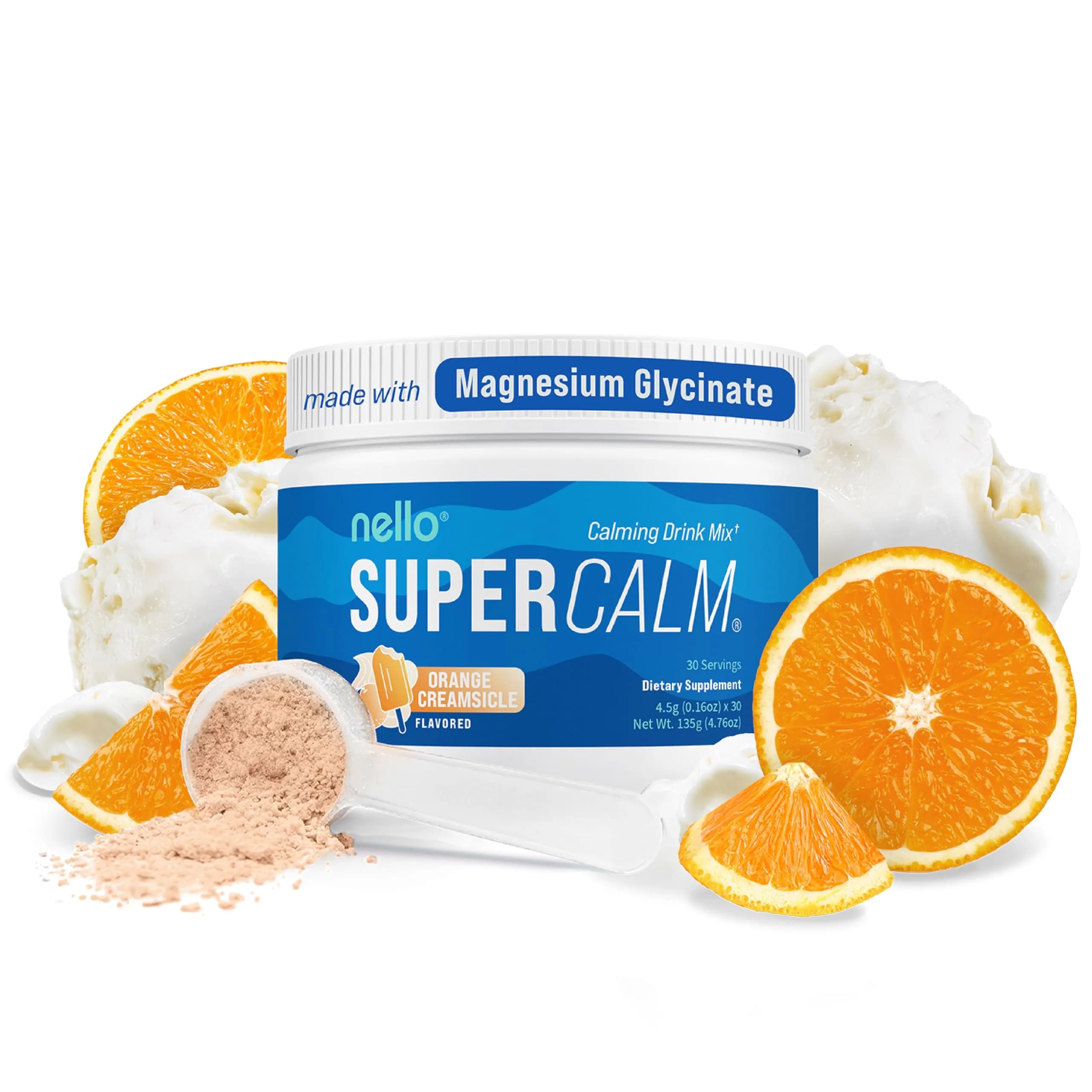 Nello Supercalm Powdered Drink Mix Tub, Cortisol Reducer & Sleep Aid Supplement, L-Theanine, KSM-66 Ashwagandha, Magnesium Glycinate, Vitamin D3, 30 Servings, Orange Creamsicle - main product image
