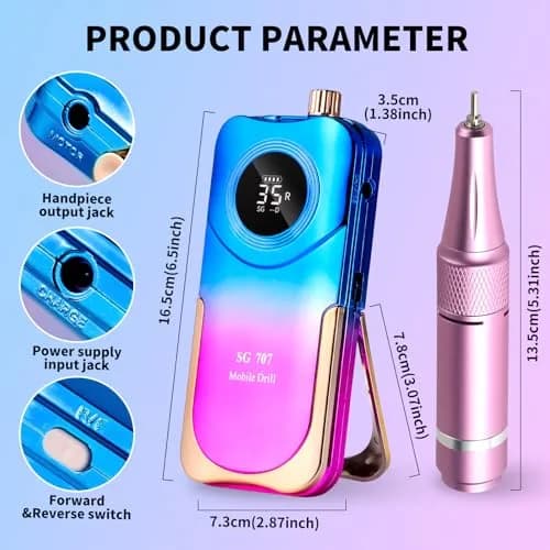 MOSKANY Professional Nail Drill Kit 35000RPM Gradient Purple Blue | 12V (12V) Cordless Rechargeable Electric Nail File with LCD Display & 14 Bits thumbnail 5