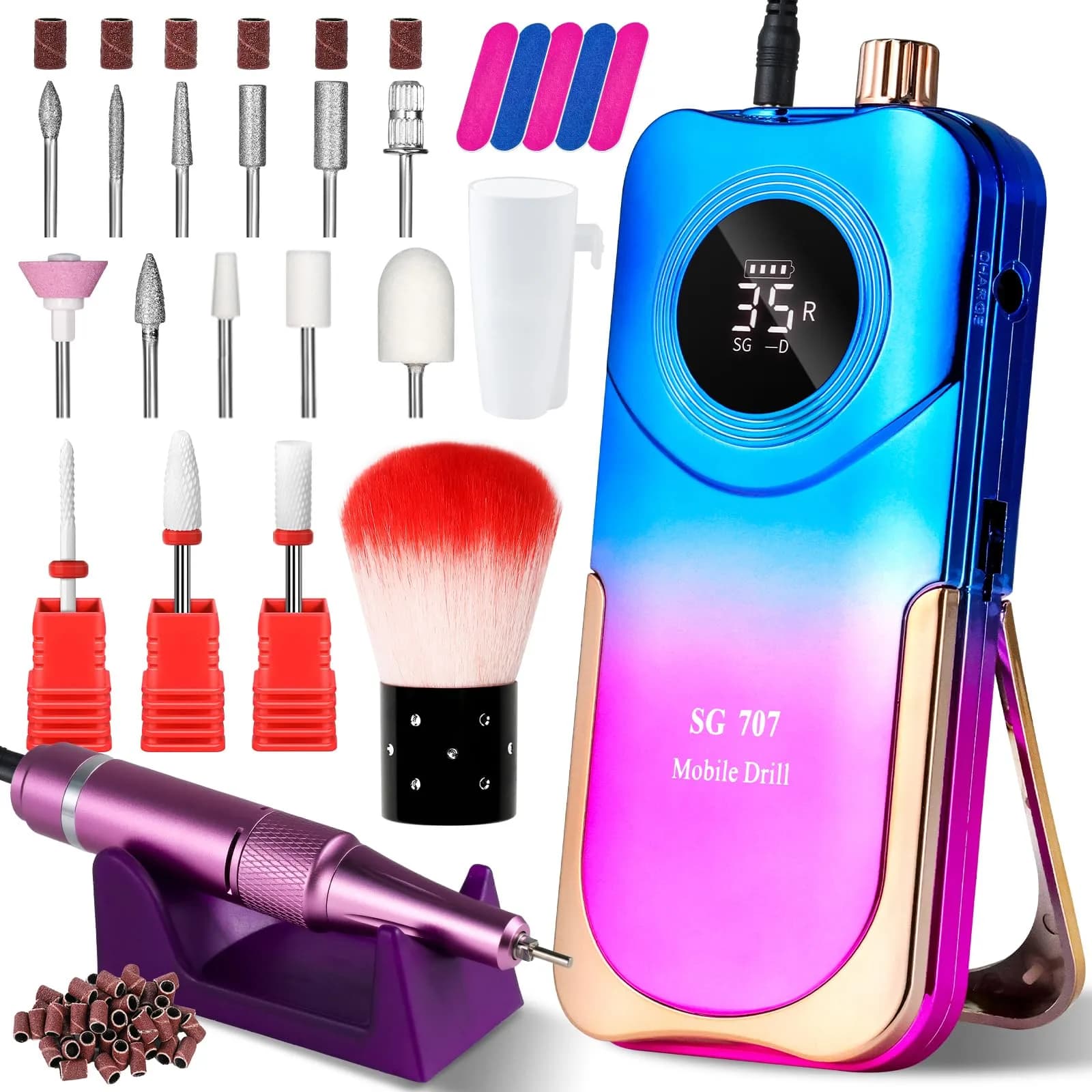MOSKANY Professional Nail Drill Kit 35000RPM Pink | 12V (48W) Rechargeable Cordless Electric Nail File with LCD Display & 14 Bits — Gradient Purple Blue