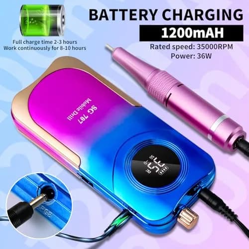 MOSKANY Professional Nail Drill Kit 35000RPM Gradient Purple Blue | 12V (12V) Cordless Rechargeable Electric Nail File with LCD Display & 14 Bits thumbnail 3