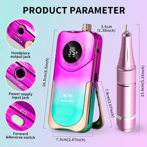 MOSKANY Professional Nail Drill Kit 35000RPM Cordless Rechargeable with LCD Display & 14 Bits | Gradient Purple Green thumbnail 5