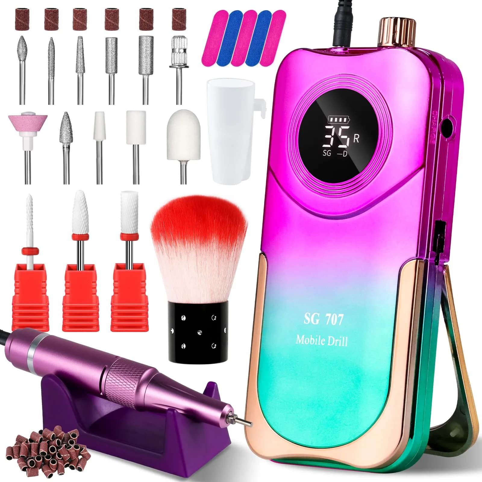 MOSKANY Professional Nail Drill Kit 35000RPM Cordless Rechargeable with LCD Display & 14 Bits | Gradient Purple Green — Gradient Purple Green