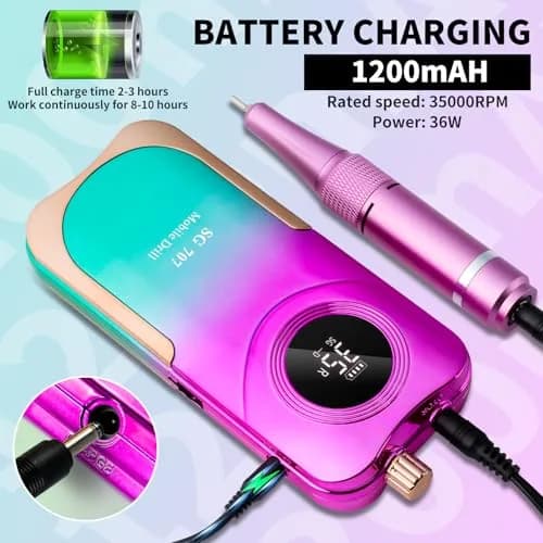 MOSKANY Professional Nail Drill Kit 35000RPM Cordless Rechargeable with LCD Display & 14 Bits | Gradient Purple Green thumbnail 3