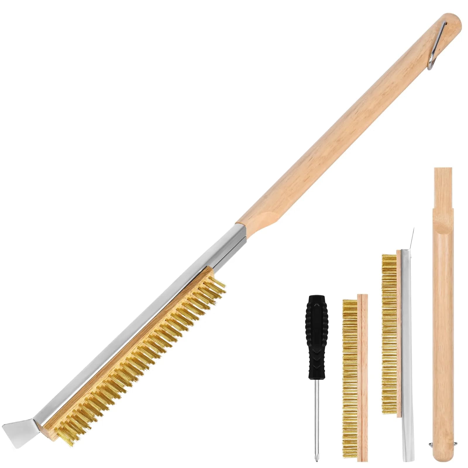 Aolso Pizza Oven Brush 26" Brass Bristles & Stainless Steel Scraper | For Pizza Stones & Grills - main product image
