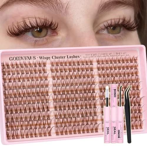 Goddvenus Natural Brown Lash Clusters Kit 300Pcs C Curve Individual Lashes | Light Brown Wispy Lashes for DIY - main product image