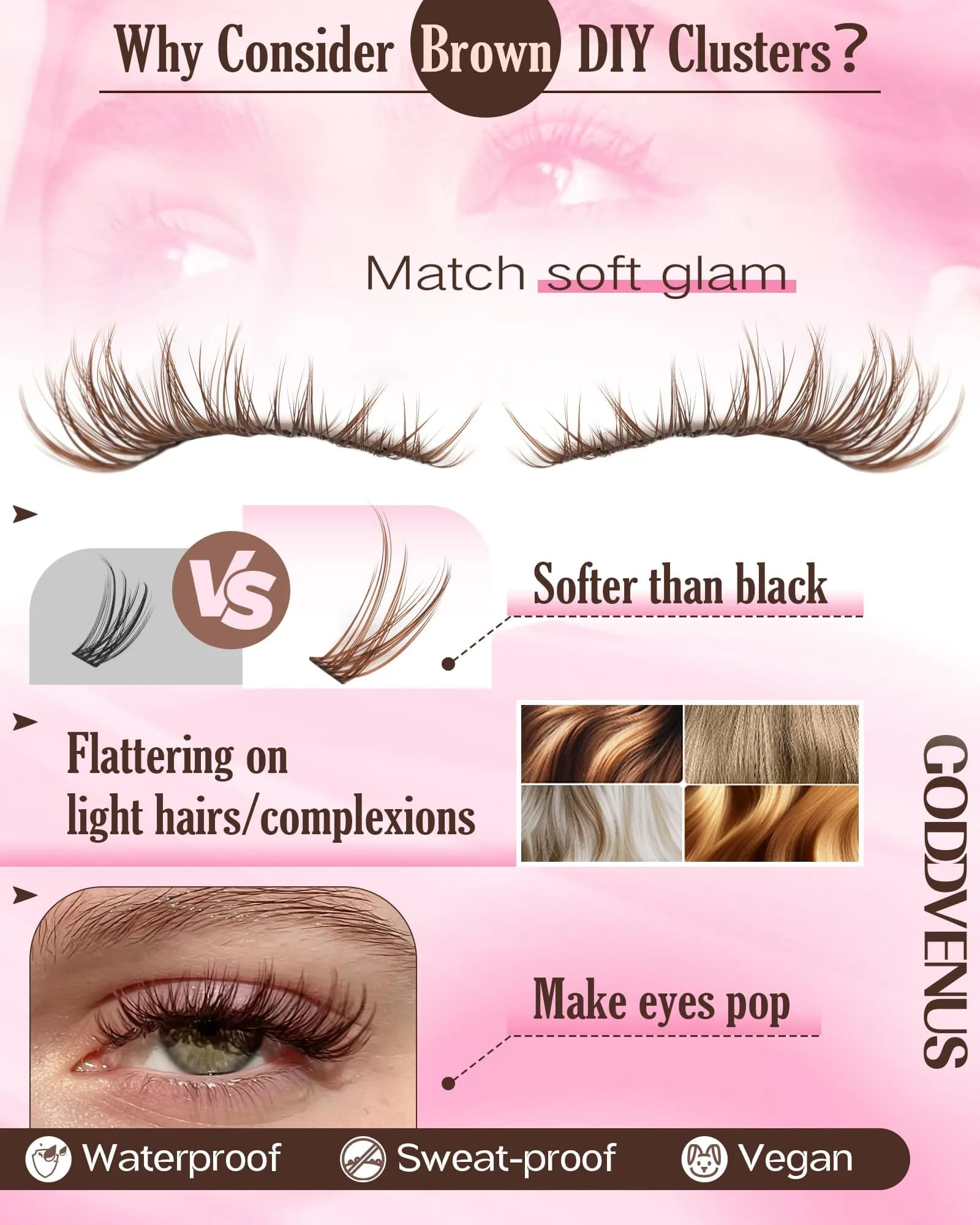 Goddvenus B-C Curl Brown Lash Clusters Kit - 300Pcs Natural Light Brown Wispy Individual Lashes for DIY - view 6