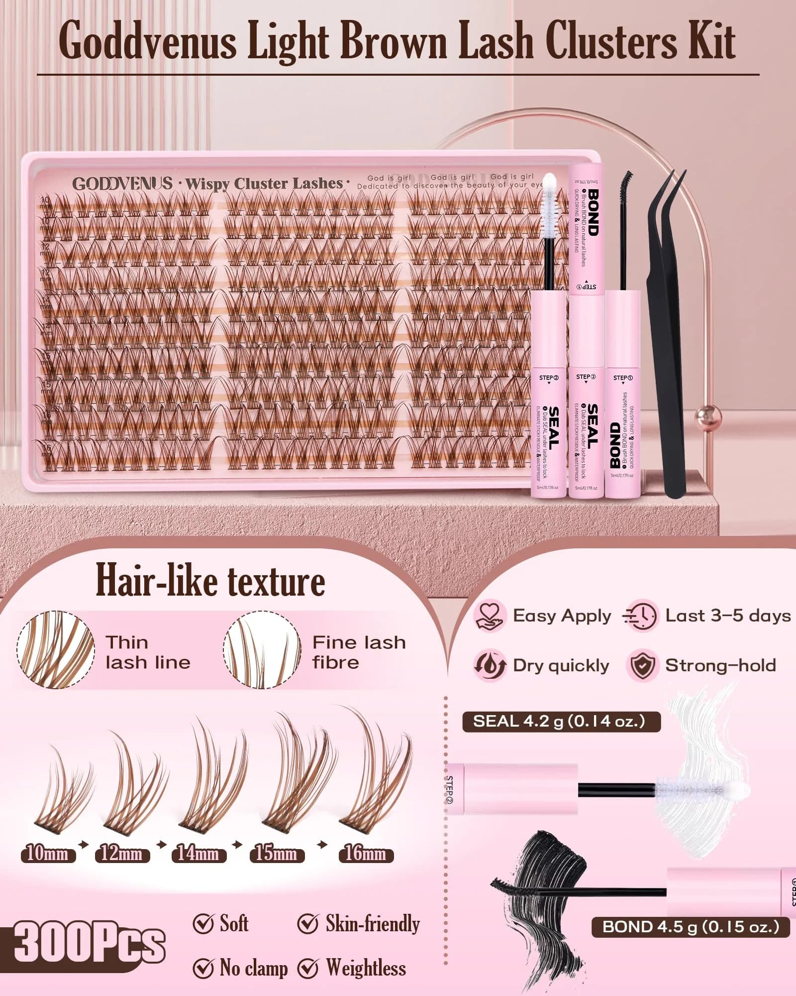 Goddvenus B-C Curl Brown Lash Clusters Kit - 300Pcs Natural Light Brown Wispy Individual Lashes for DIY - view 7