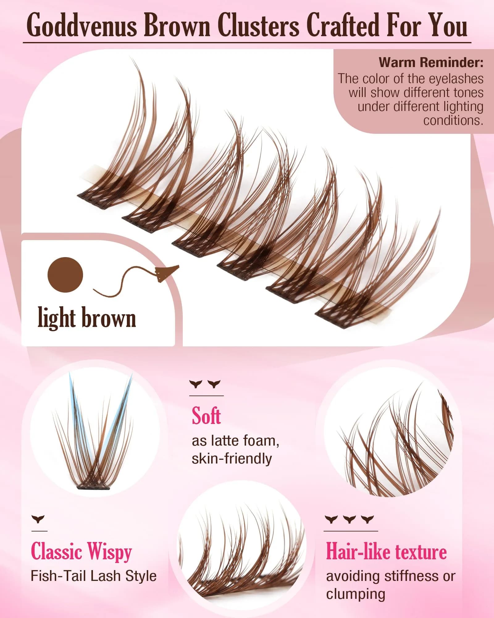 Goddvenus B-C Curl Brown Lash Clusters Kit - 300Pcs Natural Light Brown Wispy Individual Lashes for DIY - view 4