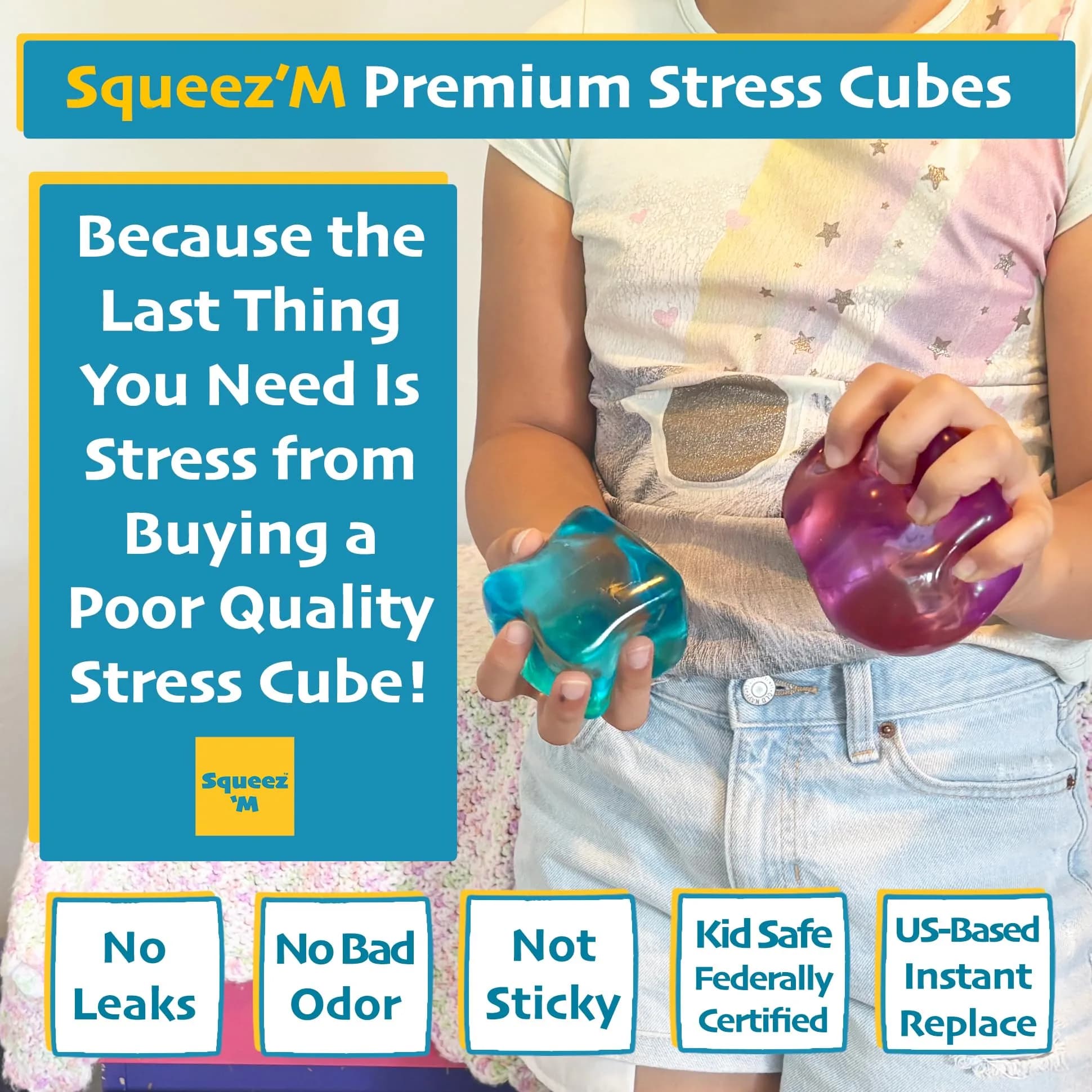 Squeez'M Big Block Stress Cube | ASTM Certified Non-Toxic Sensory Fidget Toy for Kids & Adults (Purple, 35% Larger) - view 2