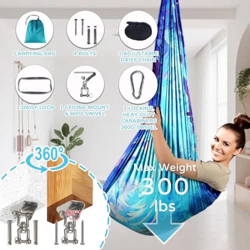 Heyfriday Sensory Swing for Kids & Adults | Double Layer Therapy Cuddle Swing, Holds up to 300lbs, Adjustable, Indoor & Outdoor, Cerulean thumbnail 6