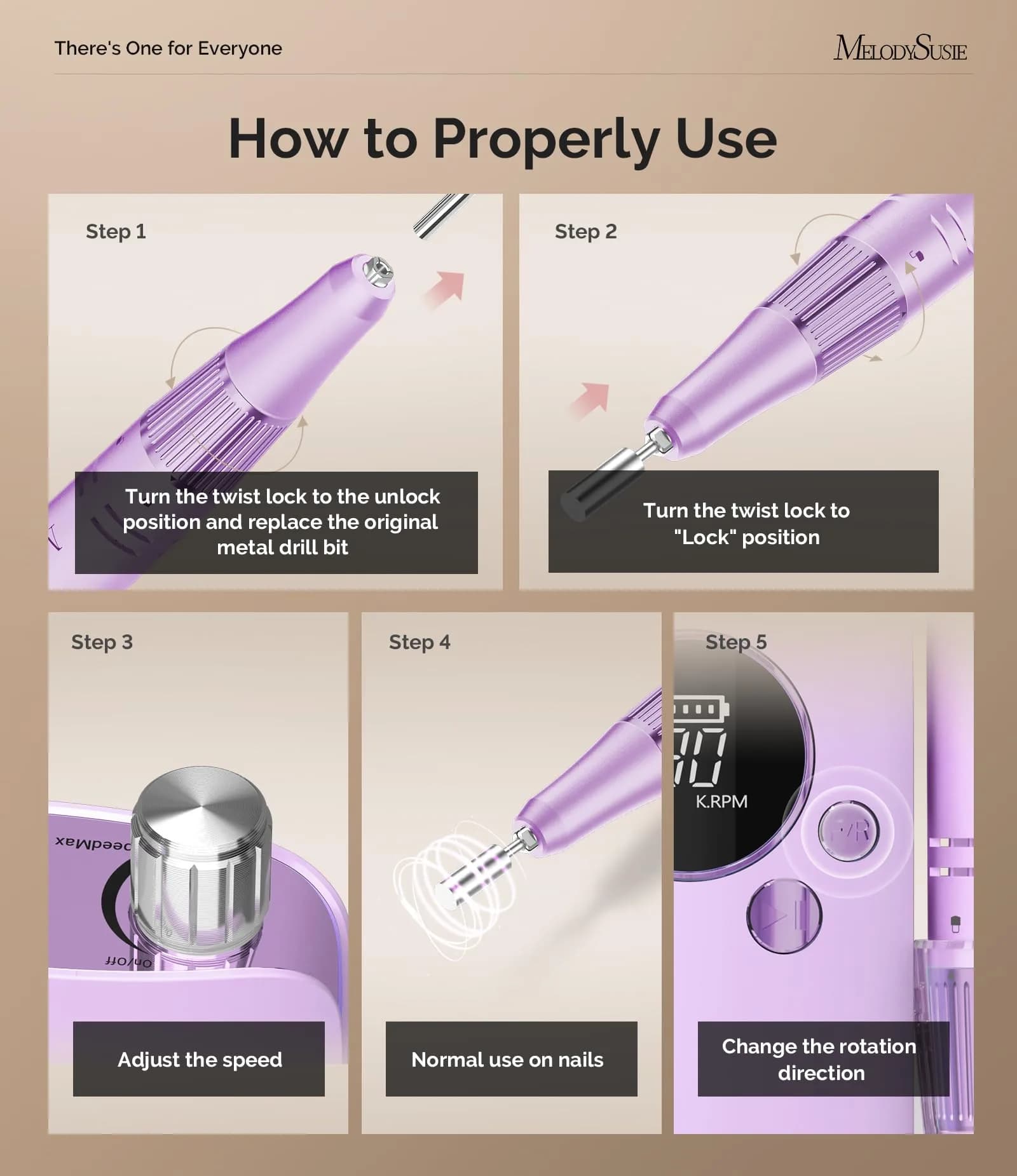 MelodySusie SC320F Rechargeable Nail Drill 30000RPM | Pastel Lily Lavender Clip-On E-File - view 4
