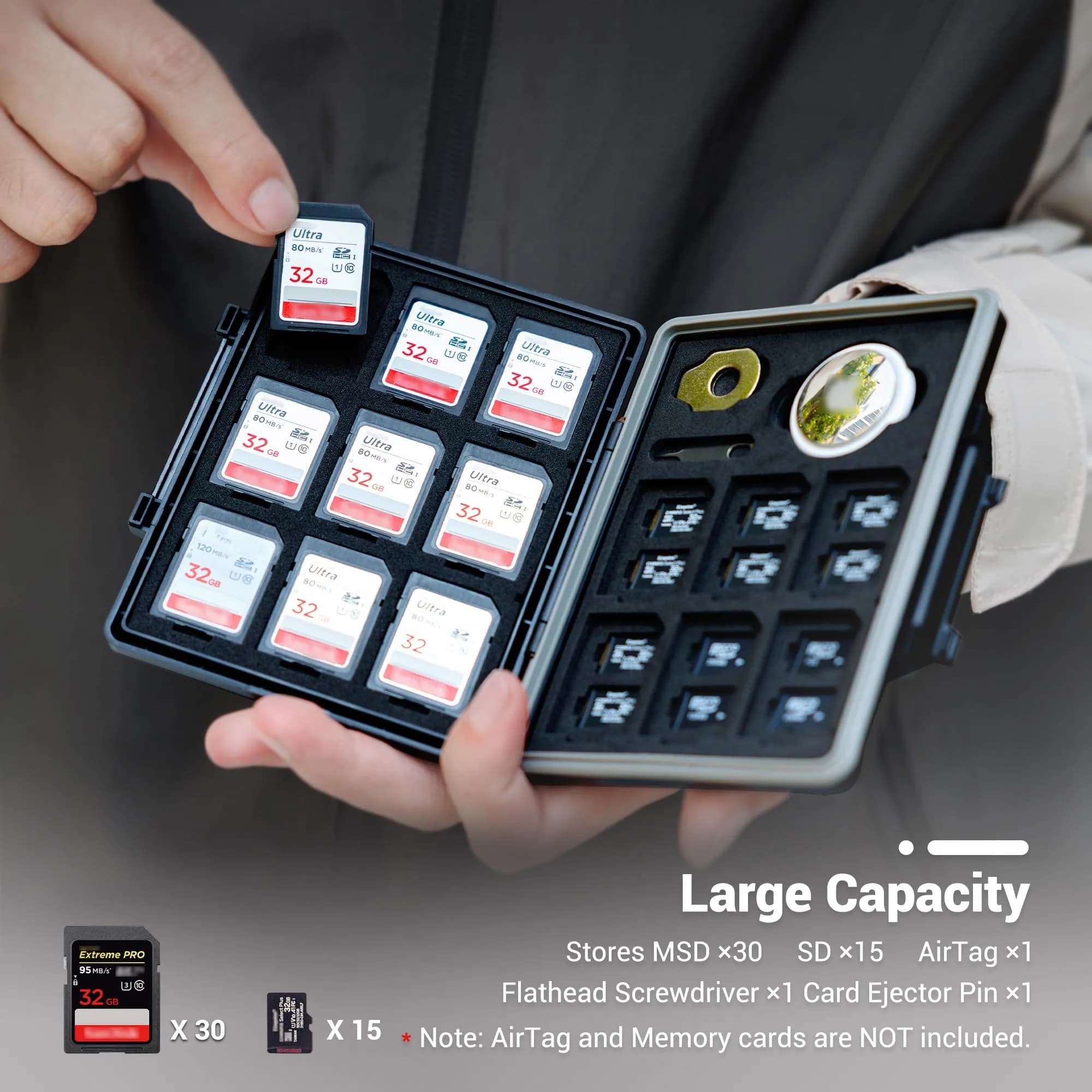 JJC 45-Slot Memory Card Case for 30 Micro SD & 15 SD Cards with AirTag Slot | Water-Resistant, Anti-Shock, Anti-Dust Organizer - view 2