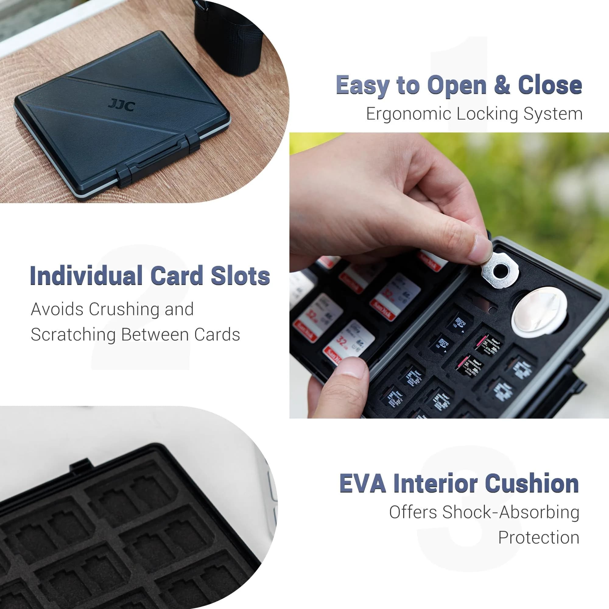 JJC 45-Slot Memory Card Case for 30 Micro SD & 15 SD Cards with AirTag Slot | Water-Resistant, Anti-Shock, Anti-Dust Organizer - view 4